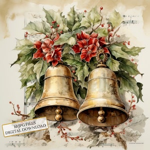 Paquete de imágenes prediseñadas de campanas navideñas Shabby Chic: 10 archivos JPG de acuarela de alta calidad. Descarga digital de suministros para diario, scrapbooking y vacaciones de invierno.