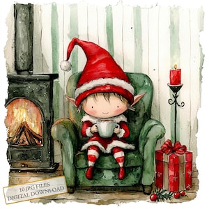 Niedliche kleine Weihnachtself sitzend mit heißem Kakao, Clipart Bundle- 10 hochwertige Aquarell JPGs, Journaling, Scrapbooking, digitaler Download