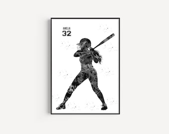 Female Softball Player, Personalized Name and Number, Sport, Watercolor Art Gift, Printable Poster