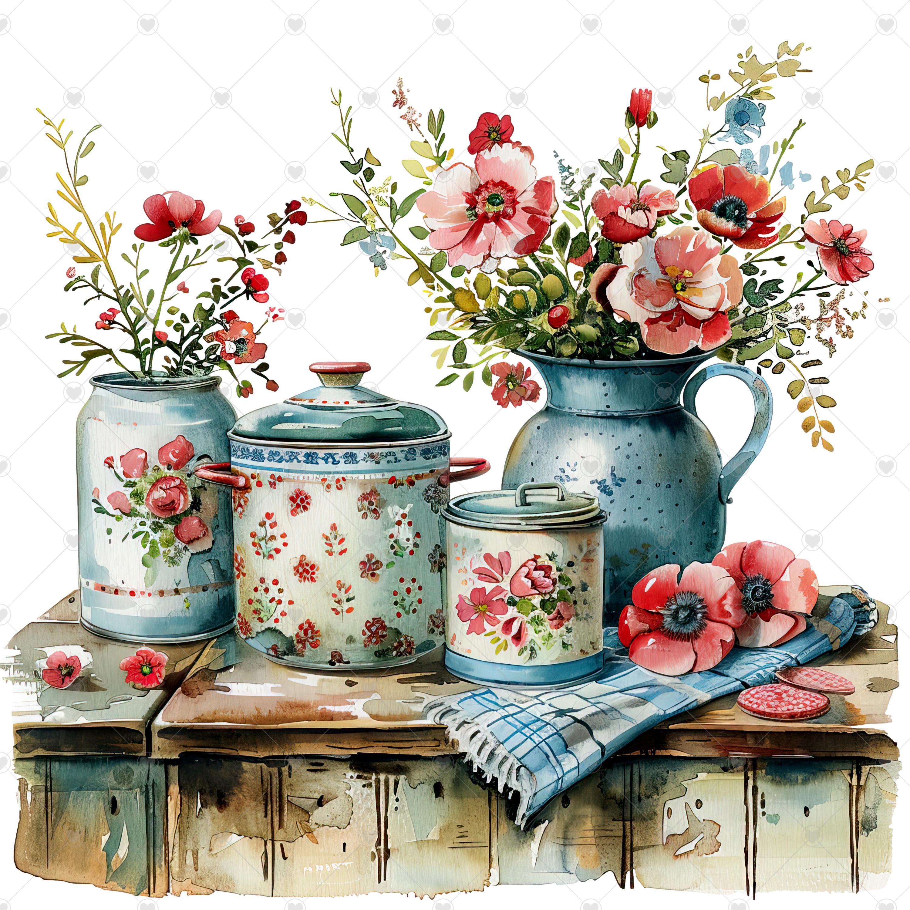 vintage floral kitchen scene clipart set graphic by... Floral Vintage Farmhouse Kitchen Cookware PNG Clipart Bundle- Digital ...