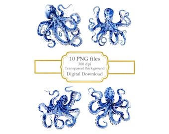 Blue Octopus PNG Clipart Bundle- Digital Download