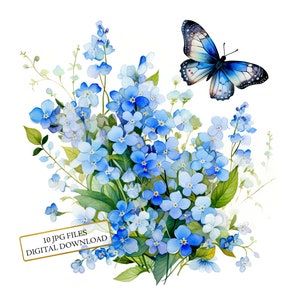 Pacote de clipart de borboleta com flores de não-me-esqueças - 10 JPGs de aquarela de alta qualidade - artesanato, diário, suprimentos para scrapbook, download digital