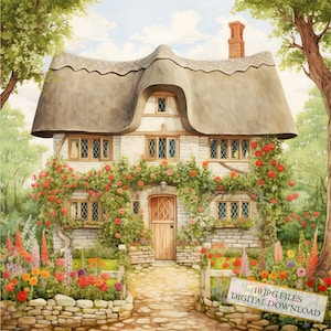 Cottage in Blooming Garden JPG Clipart Bundle- Digital Download