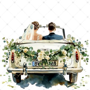 Bride and Groom in Just Married Wedding Car PNG Clipart Bundle- Digital ...