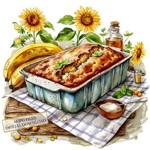Pain aux bananes dans un plateau Clipart Bundle - 10 JPG aquarelles de haute qualité - art de la pâtisserie, journalisation, scrapbooking, téléchargement numérique