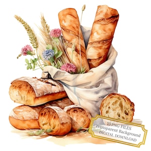 Raccolta di clipart di baguette rustiche e pane in un sacchetto - 10 immagini PNG ad acquerello di alta qualità - Artigianato, diario di scarto, album di ritagli, download digitale