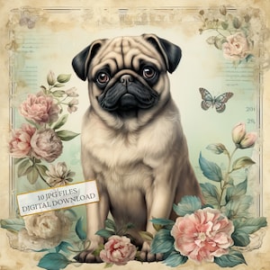 Shabby Chic Mopshond met bloemen clipartbundel-10 hoge kwaliteit aquarel JPGs-Pet Art, Craft, journaling, scrapbookingateliers, digitale download