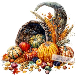 Pacchetto Clipart Cornucopia del Ringraziamento - 10 JPG ad acquerello di alta qualità - Autunno, artigianato, diario, scrapbooking, download digitale