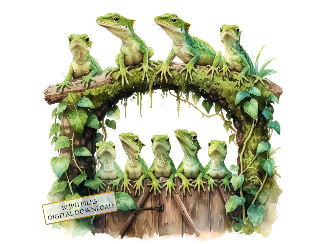 Tiny Lizards on a Mossy Gate Clipart Bundle- 10 High Quality Watercolor ...