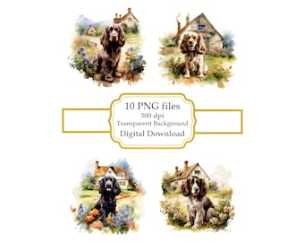English Cocker Spaniel in a Countryside Scenery PNG Clipart Bundle- Digital Download