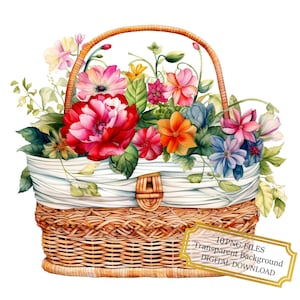 Basket of Flowers Clipart Bundle- 10 High Quality Watercolor PNGs- Crafting, Journaling, Scrapbook Supply, Digital Download