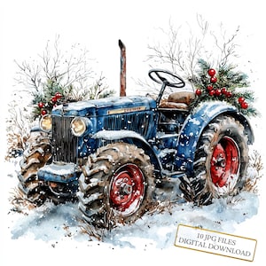Tracteur rouge vintage dans un champ enneigé Clipart Bundle-10 JPG aquarelles de haute qualité - hiver, journalisation, fournitures de scrapbooking en téléchargement numérique