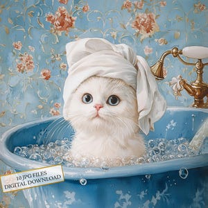 Chat blanc se baignant dans une salle de bains à fleurs bleues Clipart Bundle-10 JPG aquarelles de haute qualité-vintage, journalisation, album, téléchargement numérique