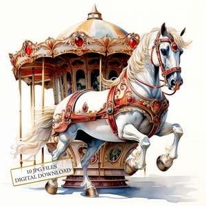 Horse From Carousel Ride Clipart Bundle- 10 High Quality Watercolor JPGs- Crafting, Journaling, Scrapbook Supply, Digital Download