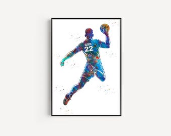 Male Handball Player, Personalized Name and Number, Sport, Watercolor Art Gift, Printable Poster