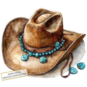 Paquete de imágenes prediseñadas de sombrero de vaquero con cuentas turquesas: 10 archivos JPG de acuarela de alta calidad. Arte occidental, diario, álbum de recortes, descarga digital.