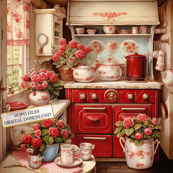 Pakiet clipartów Shabby Chic Retro Red Kitchen-10 wysokiej jakości akwareli JPG-rękodzieło, księgowanie, dostawa notatnika, pobieranie cyfrowe