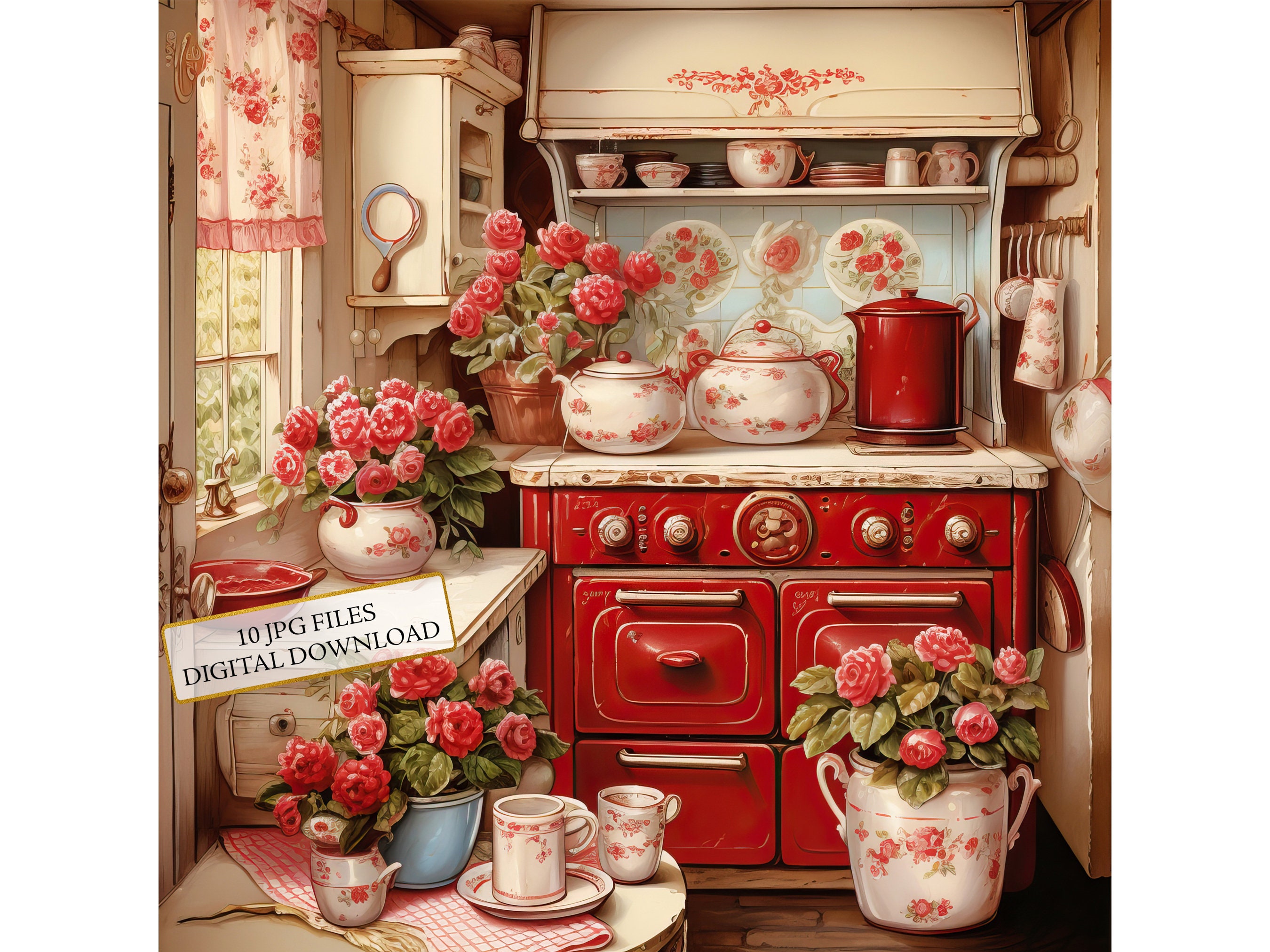 Shabby Chic Retro Red Kitchen JPG Clipart Bundle- Digital Download