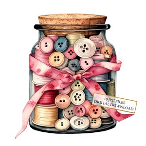 Vintage pot met naaiknoppen clipartbundel-10 hoge kwaliteit aquarel jpgs-journaling, scrapbook levering, digitale download