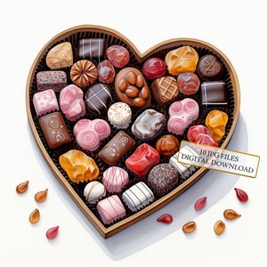 Pacote de clipart de caixa de chocolates em formato de coração - 10 JPGs de aquarela de alta qualidade - Dia dos Namorados, diário, suprimentos para scrapbook, download digital