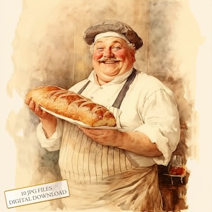 Fat Baker Baking Baguettes and Bread Clipart Bundle - 10 JPG ad acquerello di alta qualità - Artigianato, diario di spazzatura, album di ritagli, download digitale