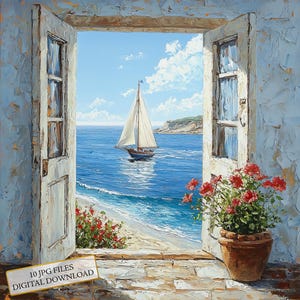 Open deur naar het uitzicht op een zeilboot op zee clipartbundel-10 hoge kwaliteit aquarel jpg's-journaling, scrapbook levering digitale download