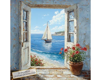 Open Door to the View of a Sailboat on Sea JPG Clipart Bundle- Digital Download