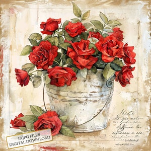 Paquete de imágenes prediseñadas de un cubo de rosas rojas estilo shabby chic: 10 archivos JPG de acuarela de alta calidad. Material para manualidades, diarios, álbumes de recortes y descarga digital.