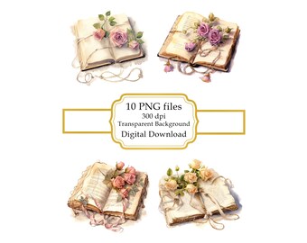 Vintage Book and Pink Roses PNG Clipart Bundle- Digital Download