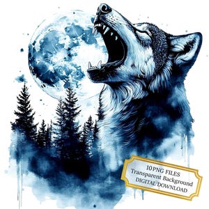 Wolf Howling at Full Moon Above Woods PNG Clipart Bundle- Digital Download