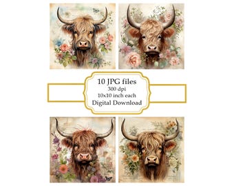 Shabby Chic Highland Cow with Flowers JPG Clipart Bundle- Digital Download