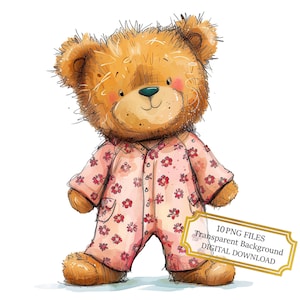 Teddybeer in roze babypyjama clipartbundel-10 hoge kwaliteit aquarel png's-kwekerij, journaling, scrapbook levering, digitale download