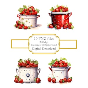 Frische Erdbeeren in Retro Polka Dot Emaille Topf PNG Clipart Bundle-Digital Download