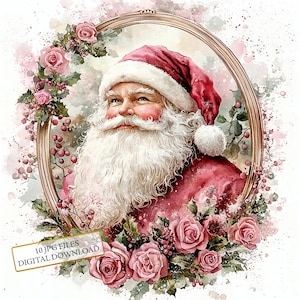 Pacote de clipart de Papai Noel vintage rosa em moldura ornamental - 10 JPGs de aquarela de alta qualidade - Natal, diário, álbum de recortes, download digital