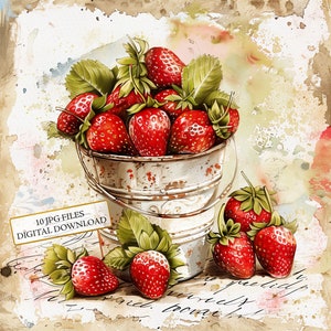 Paquete de imágenes prediseñadas de cubos de fresas estilo shabby chic: 10 archivos JPG de acuarela de alta calidad. Material para manualidades, diarios, álbumes de recortes y descarga digital.