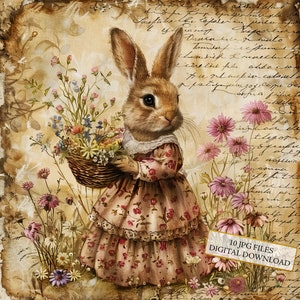 Bunny in jurk met bloemen Vintage pagina clipart bundel-10 hoge kwaliteit aquarel JPGs-lente, journaling, scrapbooking, digitale download