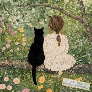 Kleines Mädchen mit schwarzer Katze auf einem Ast sitzend Clipart Bundle - 10 hochwertige Aquarell JPGs - Journaling, Scrapbooking, digitaler Download