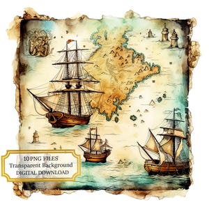 Vintage Treasure Map Clipart Bundle - 10 hochwertige Aquarell PNGs - Basteln, Journaling, Scrapbook Versorgung, digitaler Download