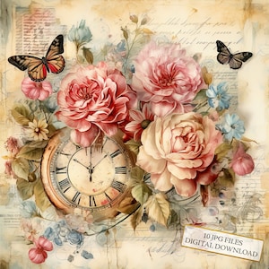 Shabby Chic Floral Clock Vintage Paper Clipart Bundle - 10 JPG ad acquerello di alta qualità - Decoupage, Journaling, Scrapbook, Download digitale