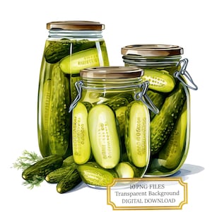 Pacchetto Clipart di barattoli di sottaceti - 10 PNG acquerellati di alta qualità - Cucina, Arte culinaria, Journaling, Forniture per album, Download digitale