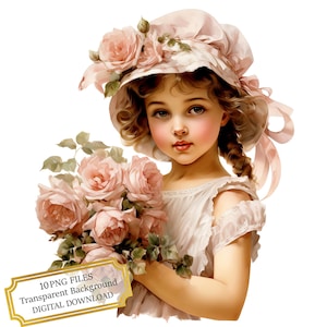 Paquete de imágenes prediseñadas de niña de las flores de boda vintage: 10 PNG de acuarela de alta calidad para diario, scrapbooking y descarga digital.