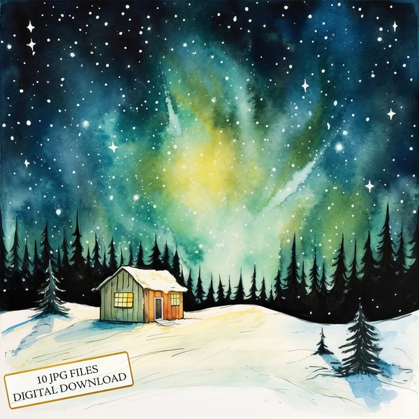 Snowy Night with Cabin under Northern Lights Clipart Bundle- 10 High Quality Watercolor JPGs- Craft, Journaling, Scrapbook, Digital Download