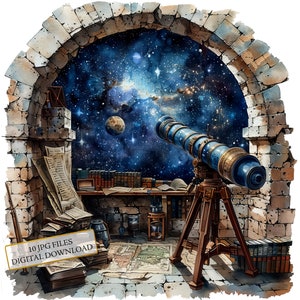 Telescopio in un osservatorio di pietra Clipart Bundle- 10 JPG ad acquerello di alta qualità- Artigianato, diario, forniture per album, download digitale