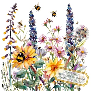 Bumblebees and Wildflowers Clipart Bundle- 10 High Quality Watercolor PNGs- Meadow Art, Journaling, Scrapbook Supply, Digital Download