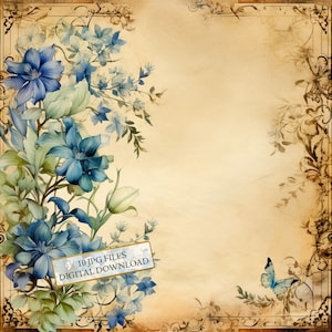 Vintage Blau Blumen Journaling Seiten Clipart Bundle- 10 hochwertige Aquarell JPGs - Decoupage Junk Journaling, Scrapbook, digitaler Download