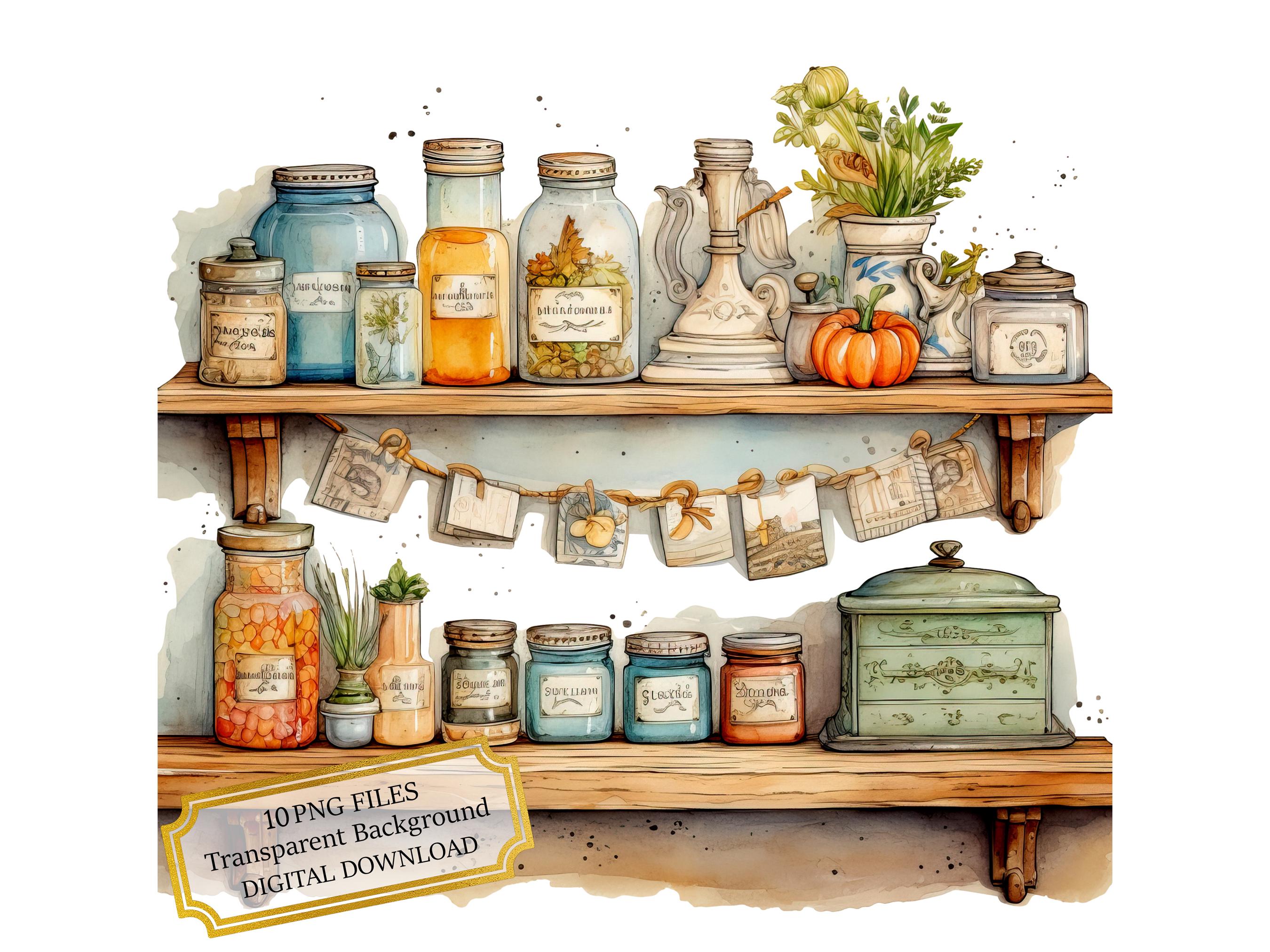 Vintage Kitchen Shelves Full of Jars PNG Clipart Bundle- Digital Download