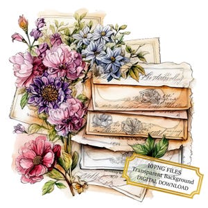 Pacchetto di clipart di buste postali vintage - 10 PNG acquerellati di alta qualità - Forniture per artigianato, journaling, scrapbooking, download digitale