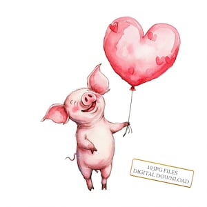 Pacote de clipart de balão em forma de coração de porco do Dia dos Namorados - 10 JPGs de aquarela de alta qualidade - Diário, álbum de recortes, download digital