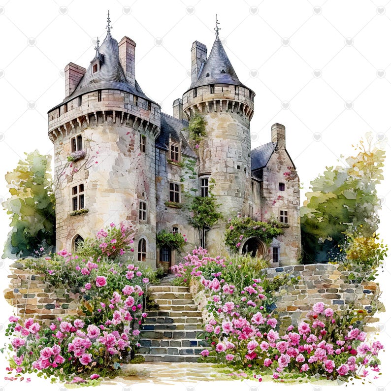 French Castle Overgrown with Flowers PNG Clipart Bundle- Digital Download image 8