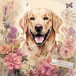 Paquete de imágenes prediseñadas de Labrador Retriever con flores, estilo shabby chic: 10 archivos JPG de acuarela de alta calidad. Material para diario, álbumes de recortes y descarga digital.